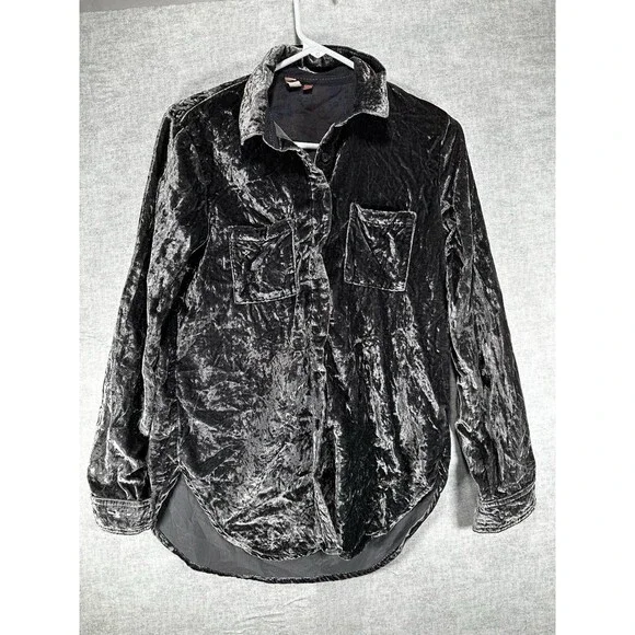Anthropologie Pilcro Crushed Velvet Femme Buttondown Shirt in Dark Gray XXS - Picture 1 of 7